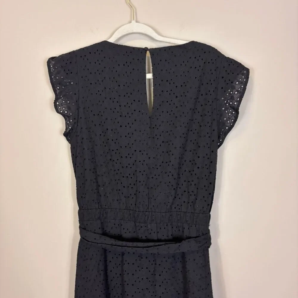 Evereve Black Eyelet V Neck Cotton Sleeveless Midi Dress with Belt XL‎